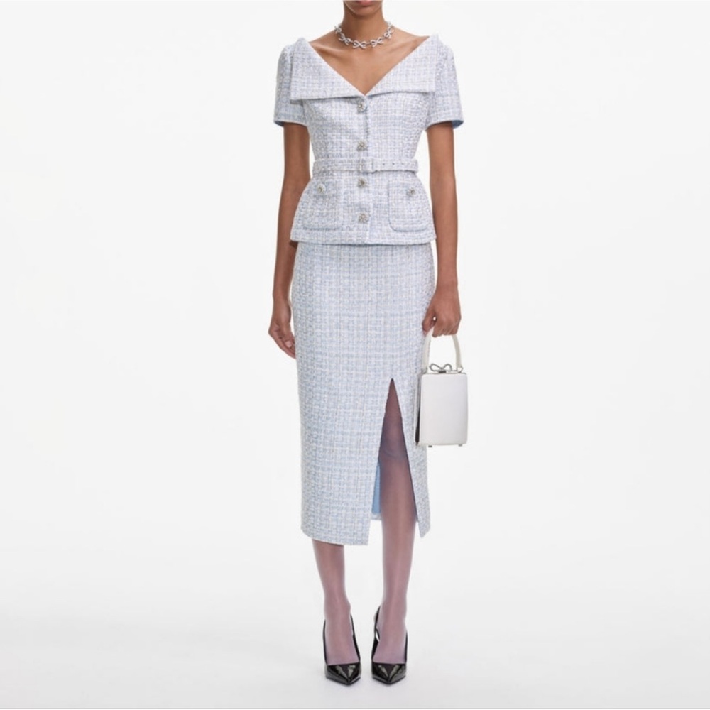 Self-Portrait Light Blue Tweed Pencil Skirt